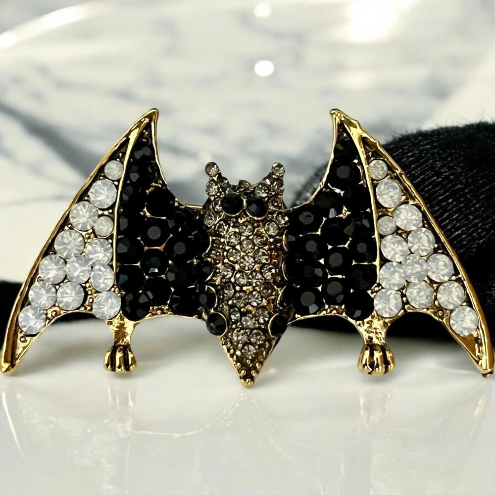 Stunning Elegant Halloween Bat Pin in Blue, Green and Black - Rhinestone